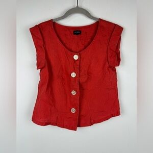 Hobbs London Scarlet Red Flax Linen Big Button Front Blouse Size Uk 8